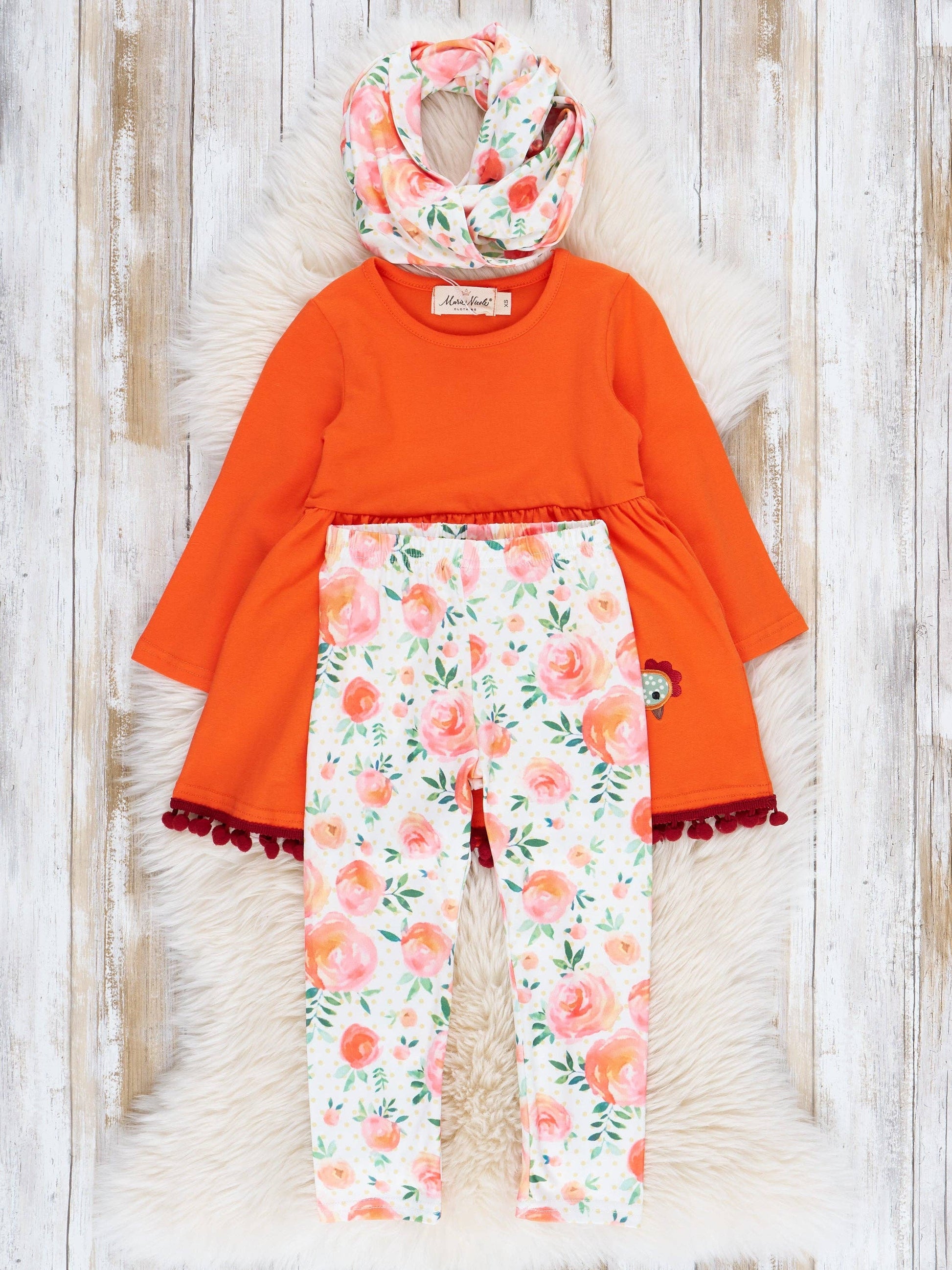 Orange Floral Chicken Outfit w/ Scarf - Bella June's Boutique