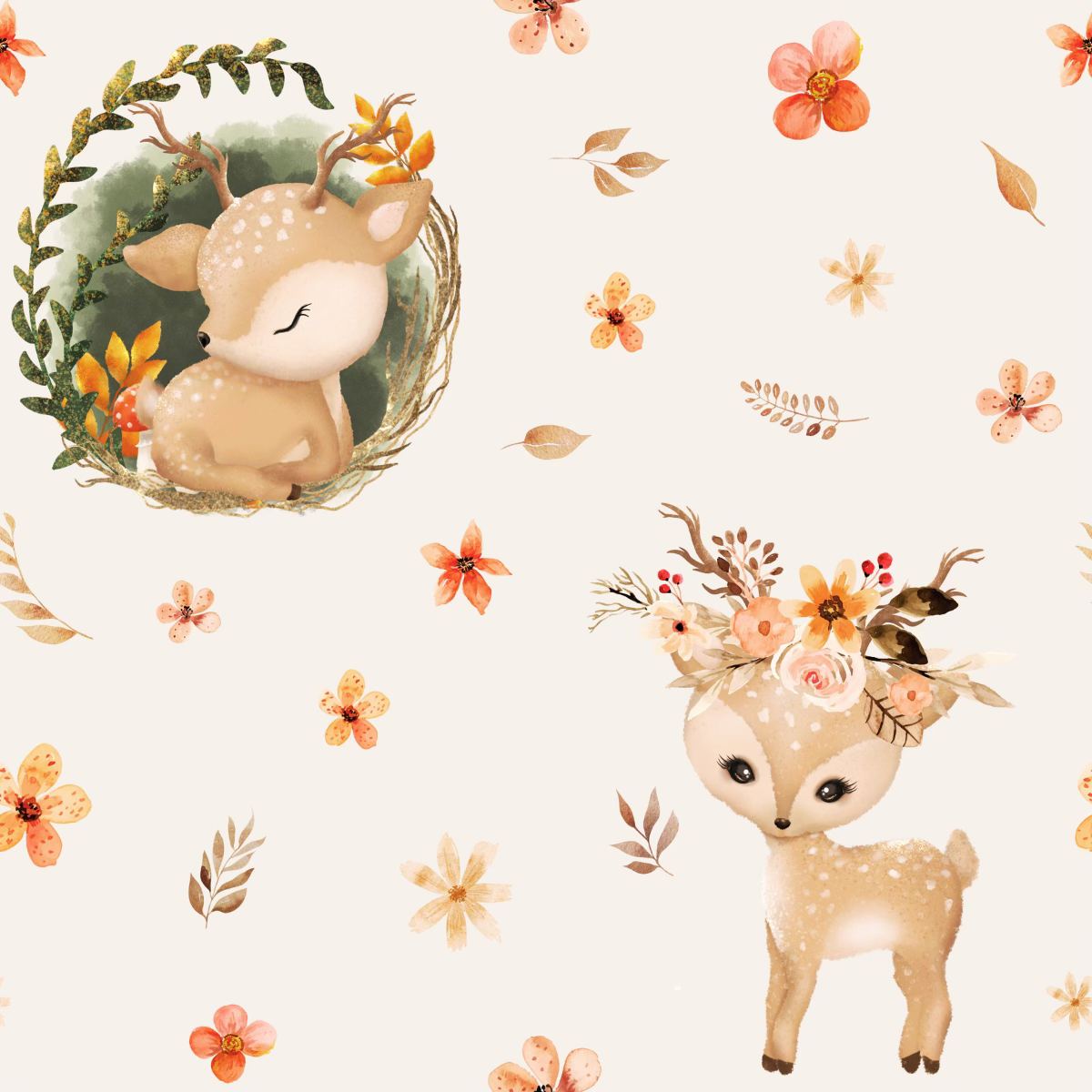 Pattern of cute deer illustrations with flowers and leaves on a light background