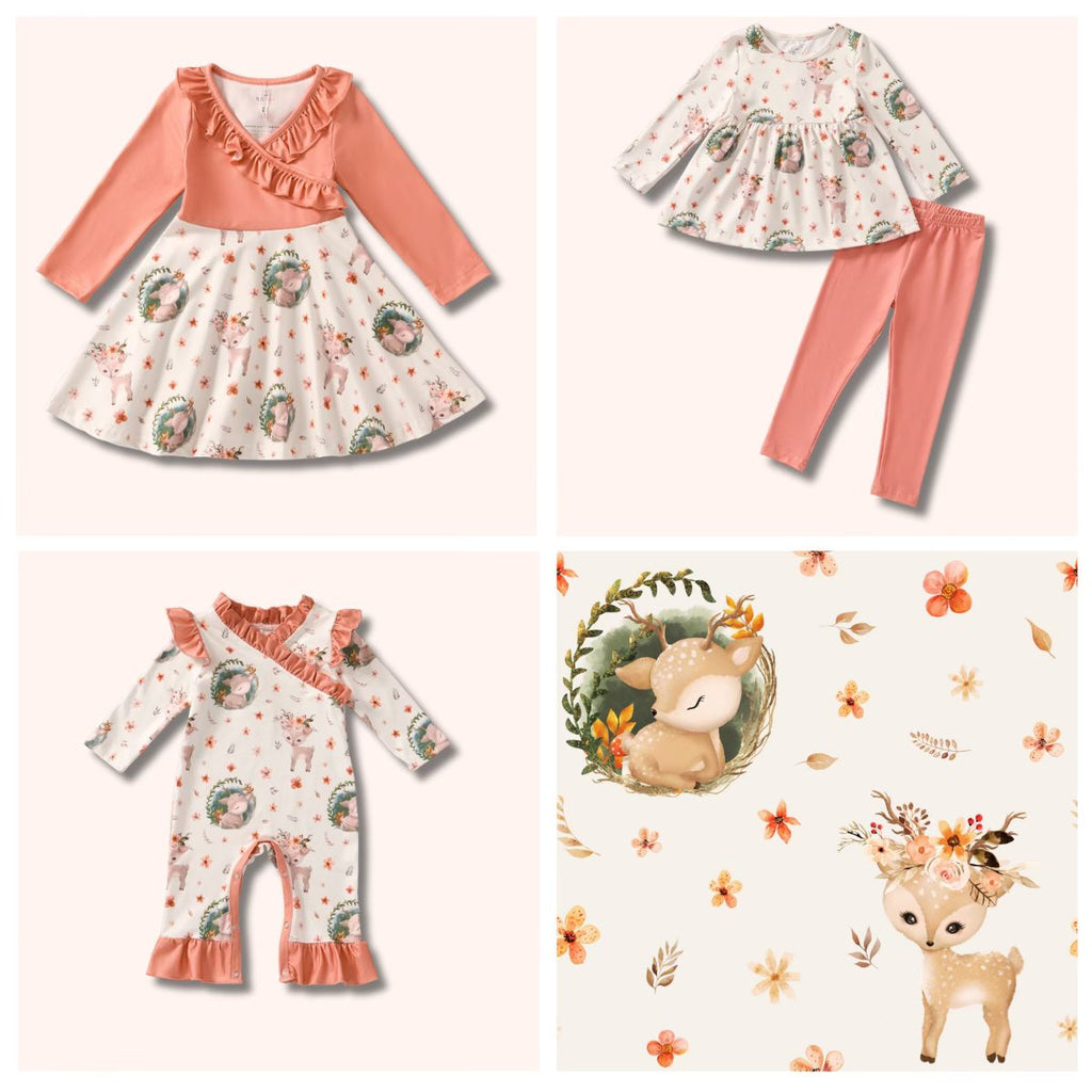 Collection of children's clothing and a fabric swatch with floral and animal designs on a white background.