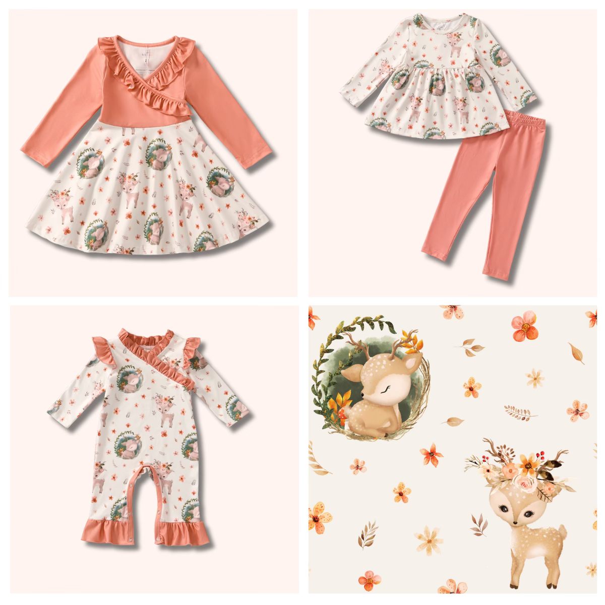Collection of children's clothing and a fabric swatch with floral and animal designs on a white background.